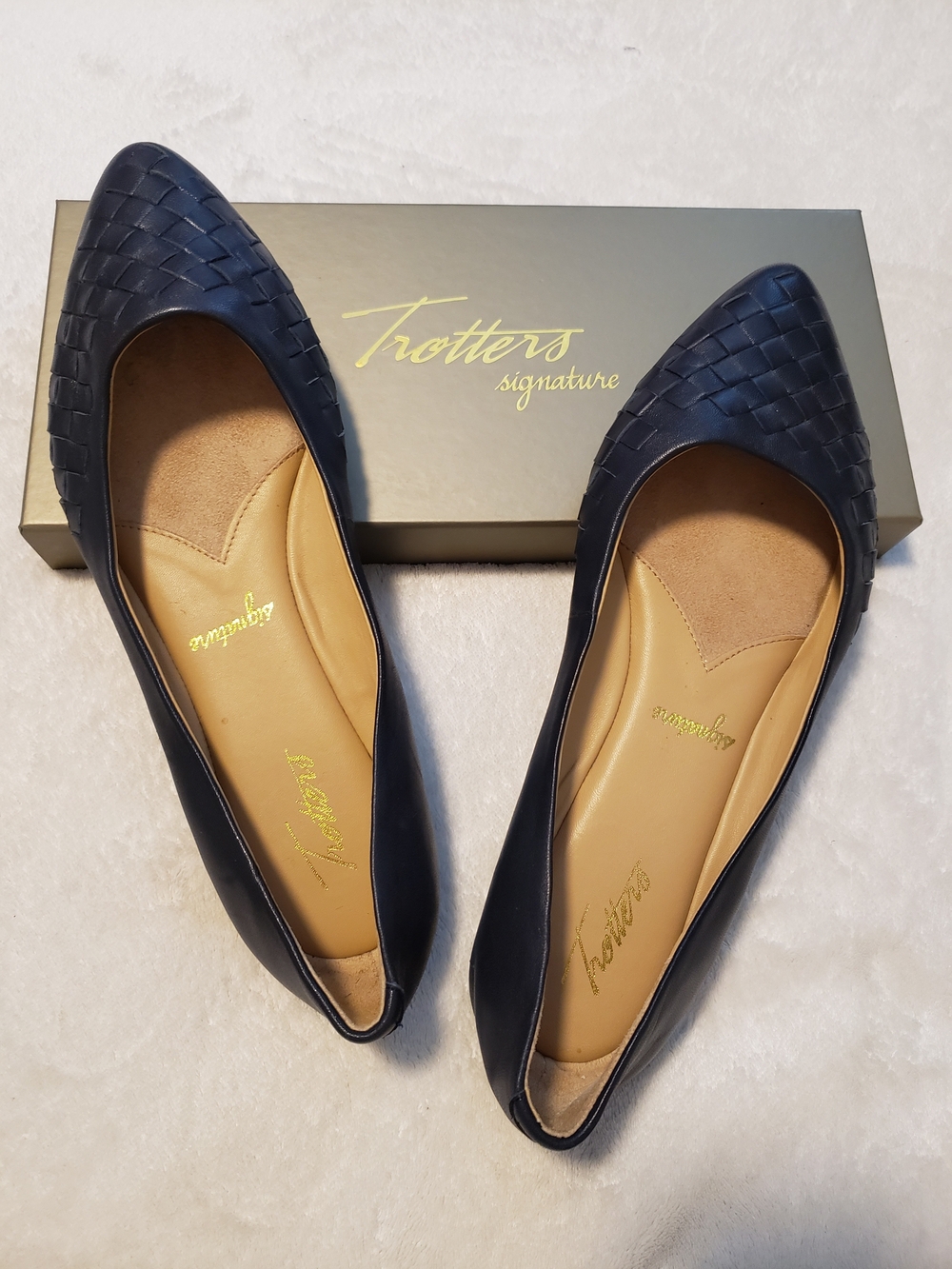 9W Trotters Navy Woven Pointed-Toe Flats